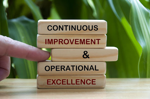 Wooden blocks with writing about operational excellence, which can be achieved through interim managers