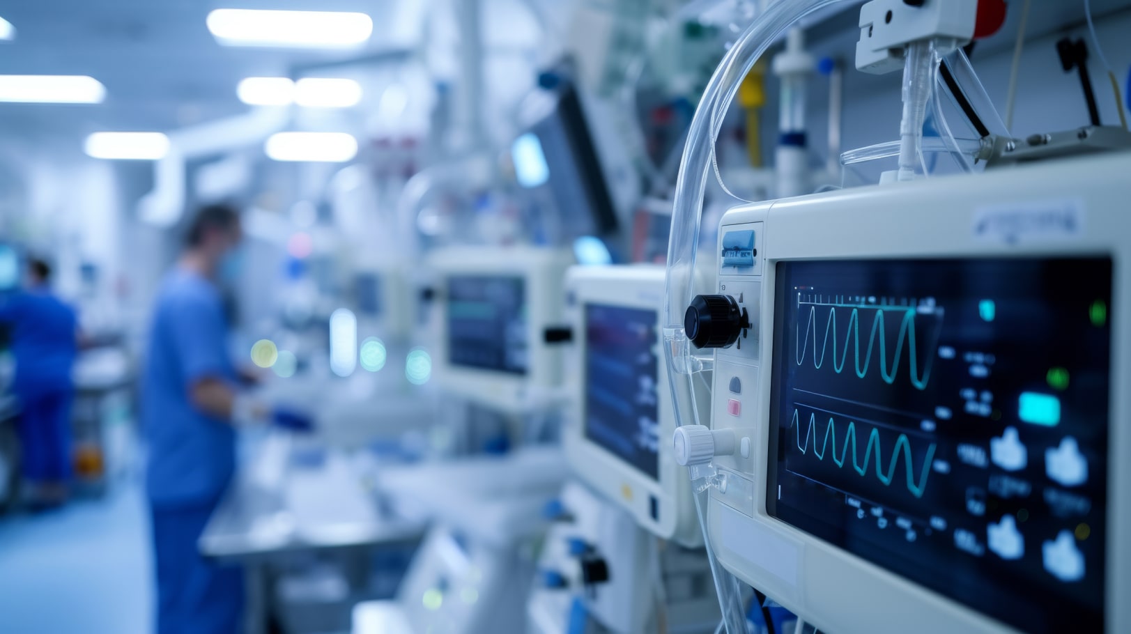 A close-up of medical monitoring equipment displaying vital signs, with healthcare workers in scrubs visible in the blurred background.